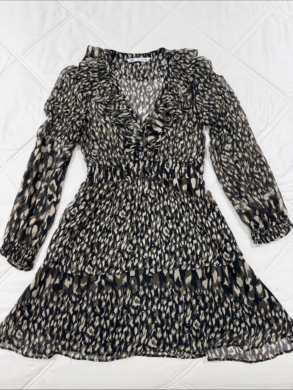 Zara Black, Olive and Cream Ruffle V-Neck Tiered Long Sleeve Dress